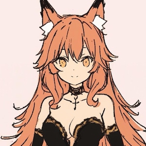 May include: An illustration of a character with fox-like features, including orange hair and ears with black tips. The character wears a black dress with gold trim and a black choker necklace with a cross pendant. The eyes are orange, set against a light pink background.