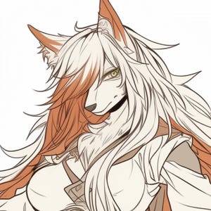 May include: Illustration of a wolf-like character with white fur and orange highlights. The character has yellow eyes and is wearing a white outfit. The art style is a detailed line drawing with a soft color palette.