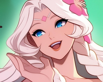 May include: Digital illustration of a woman with long, flowing white hair and bright blue eyes. She wears a pink flower in her hair and a pink gem on her forehead. Her expression is welcoming, with a slight smile and open hand.