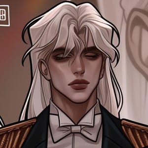 May include: Digital artwork of a person with long, flowing white hair and closed eyes. The person is wearing a black suit with a white bow tie and gold epaulettes. The artwork has a soft, muted colour palette.