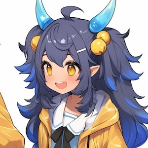 May include: An anime-style illustration of a smiling character with blue and purple hair, yellow eyes, and small horns. The character wears a yellow jacket over a blue and white top, with a black bow.