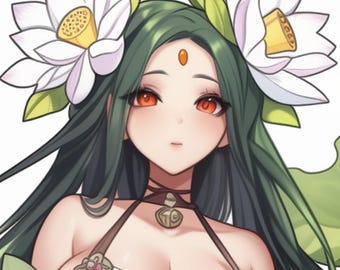 Puede incluir: Ilustración de estilo anime de una mujer con cabello largo, verde oscuro y ojos rojos. Lleva un vestido blanco y verde, una gargantilla marrón y una corona de flores de loto. Un pequeño punto naranja está en su frente. La imagen tiene un estilo suave y artístico.