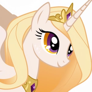 May include: A cartoon pony with a cream-coloured coat and long, flowing blonde hair. The pony has large, expressive eyes with purple and gold irises, and a golden crown. A golden necklace with a purple gem is also visible.