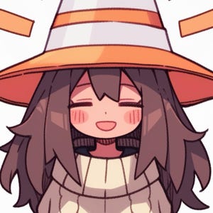 Puede incluir: Ilustración de un personaje sonriente con un sombrero de bruja a rayas naranjas y blancas. El personaje tiene cabello castaño, mejillas rosadas y lleva un suéter color crema. El estilo general es de dibujos animados y alegre.
