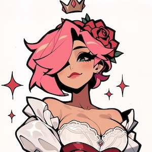 Peut inclure: Illustration de femme aux cheveux roses, avec une rose rouge et une couronne. Elle porte une robe blanche avec une ceinture rouge. L'image a des étoiles rouges.