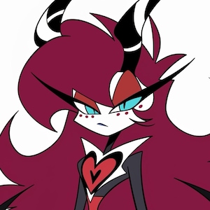Puede incluir: Ilustración de un personaje de dibujos animados con largo cabello burdeos y cuernos blancos y negros. El personaje tiene piel pálida, ojos azules y una expresión severa. Un diseño en forma de corazón es visible en el pecho del personaje.
