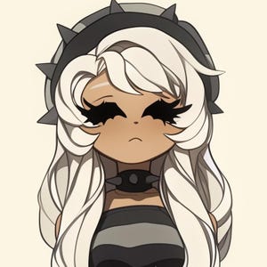 May include: Illustration of a cartoon character with pale skin, white hair, and black eye makeup. The character wears a spiked headband and choker, and a black and gray striped top. The background is a solid, light beige color.