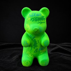Neon Green Graffiti Bear Sculpture | Handmade Pop Art | UV Reactive Collectible | Contemporary Street Art by Hiones