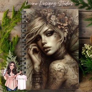 Grunge Fairy Spiral bound, Whimsical Notebook, Journal gifts, Dream Journal, Manifestation Journal, Ruled Line, Tattoo, Fantasy Art