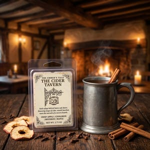 May include: A clear plastic wax melt clamshell labeled The Ember's Tale The Cider Tavern with a tavern sign graphic, next to a metallic pewter-colored mug containing a warm beverage with cinnamon sticks, dried apple slices, and cloves.