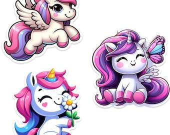 Hoja de calcomanías de unicornio (incluye 16 calcomanías), calcomanías de vinilo, calcomanías para botellas de agua, opción de fondo blanco u holográfico
