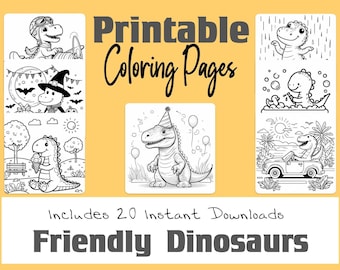 Simpáticos dibujos de dinosaurios para colorear, imprimibles, digitales, en blanco y negro para colorear
