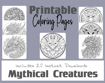 Páginas Para Colorear De Criaturas Míticas, Grifos, Fénix, Lago Ness, Dragones, Esfinge, Digital, Imprimible