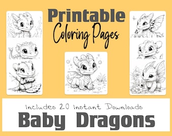 Páginas para colorear de dragón bebé, página a color para niños o adultos, imágenes prediseñadas, imprimibles, digitales
