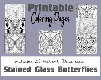 Páginas para colorear de mariposas, estilo vidriera, digital, imprimible