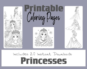 Princess Coloring Pages, Beautiful Gowns, Hair and Tiaras, Adult and Kid Coloring Pages