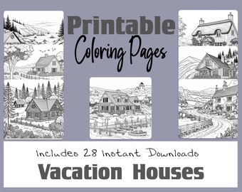 Páginas para colorear de casas de vacaciones, cabañas, casas de playa, casas de campo, cabañas, páginas para colorear para adultos, 28 descargas