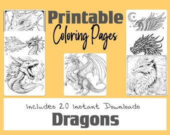 Páginas para colorear de dragones, imprimibles, místicas, con respiración de fuego, para colorear para adultos y niños