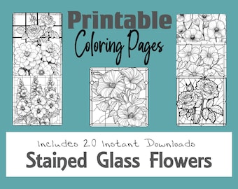 Páginas para colorear de flores, estilo vidriera, digital, imprimible