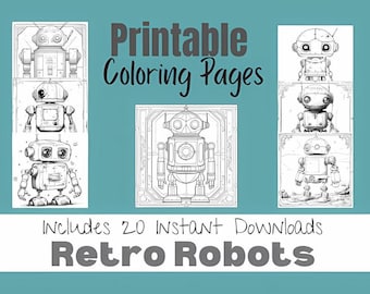 Páginas para colorear de robots, estilo retro, divertido y detallado, colorear para adultos y niños, años 50