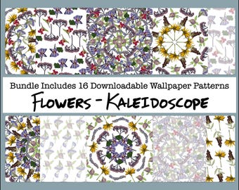 Patrón de caleidoscopio de flores, papel artesanal, Junk Journal, imprimible, papel para álbumes de recortes, flores prensadas