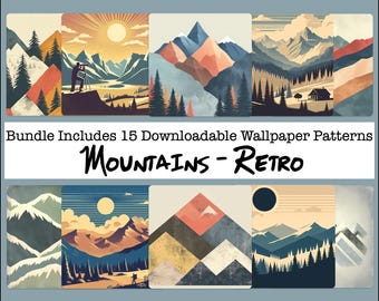 Papel para manualidades, estilo retro de montañas, álbum de recortes, diario basura, fabricación de tarjetas, silueta de cordillera, imprimible, descarga digital