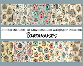 Papel artesanal Birdhouses and Birds, Descarga digital, Imprimible, papel para hacer tarjetas o scrapbooking, Papel Junk Journal