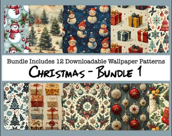 Papel para manualidades navideñas, Imprimible, Adornos vintage, Muñecos de nieve, Copos de nieve, Fondo de diseño gráfico, Fabricación de tarjetas