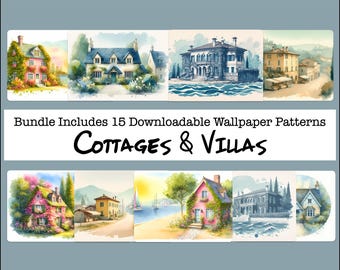 Villas y cabañas Papel artesanal, Acuarela, Casas de vacaciones, Villa italiana, Cabaña inglesa, Diario basura, Papel para álbumes de recortes, Descarga digital