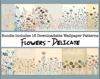 Papel para manualidades, álbum de recortes, flores delicadas, flores de tallo largo, diarios basura, imprimible, descarga digital