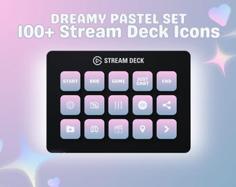 Puede incluir: Un Stream Deck negro con iconos en colores pastel, incluyendo "START", "BRB" y "END". El texto "DREAMY PASTEL SET" y "100+ Stream Deck Icons" se muestra encima del dispositivo. El fondo tiene un esquema de color degradado suave.