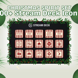 Puede incluir: Una interfaz Stream Deck negra con iconos temáticos navideños. La interfaz muestra iconos con texto como "START", "BRB" y "END". La imagen está decorada con adornos navideños verdes y ramas de pino, y se muestra el texto "CHRISTMAS SPIRIT SET" y "100+ Stream Deck Icons".