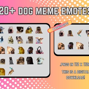 Puede incluir: Descarga digital de más de 20 emoticonos de memes de perros, más 8 GIF de bonificación. Las imágenes son .PNG en 112 x 112px. La imagen presenta varias caras de perros con diferentes expresiones, como "WUT".