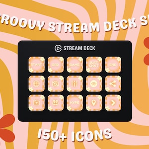 Könnte beinhalten: Ein schwarzes Stream Deck mit einem groovigen Design in Weiß und Gelb. Das Deck hat 15 Tasten mit verschiedenen Symbolen, darunter eine Starttaste, eine Spieltaste, eine Chattaste und eine Endtaste. Der Text "GROOVY STREAM DECK SET" befindet sich oben im Bild und der Text "150+ ICONS" unten im Bild.