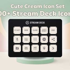 Puede incluir: Un Stream Deck negro con un fondo blanco y 15 botones. Los botones tienen un fondo color crema con bordes en forma de corazón. Los botones tienen iconos y texto, incluyendo "Inicio", "BRB", "Juego", "Solo chat" y "Fin".