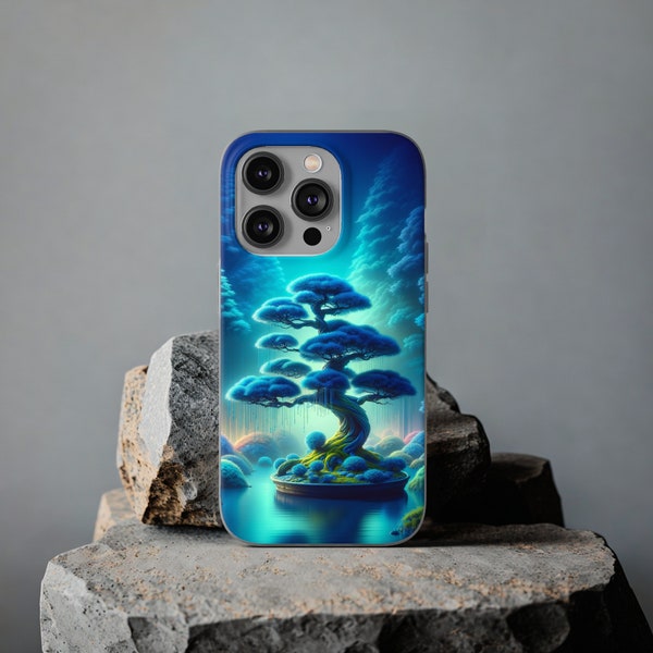 Azure Tranquility: Blue Atlas Cedar Elegance Phone Case "Iphone 12, 13 & 14" Artisan Bonsai Tree Design