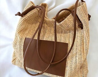 Retro Woven Tote Bag, ins Holiday Style Straw Woven Bag, Uni Shoulder Bag, Large Capacity Shopping Bag, Beach Bag, Small Bag Inside