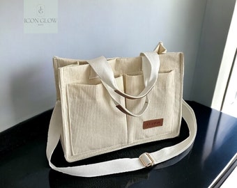 Schlichte Cord-Einkaufstasche, modische Uni-Tasche, lässige Unisex-Umhängetasche mit großer Kapazität, trendige, vielseitige tägliche Pendeltasche