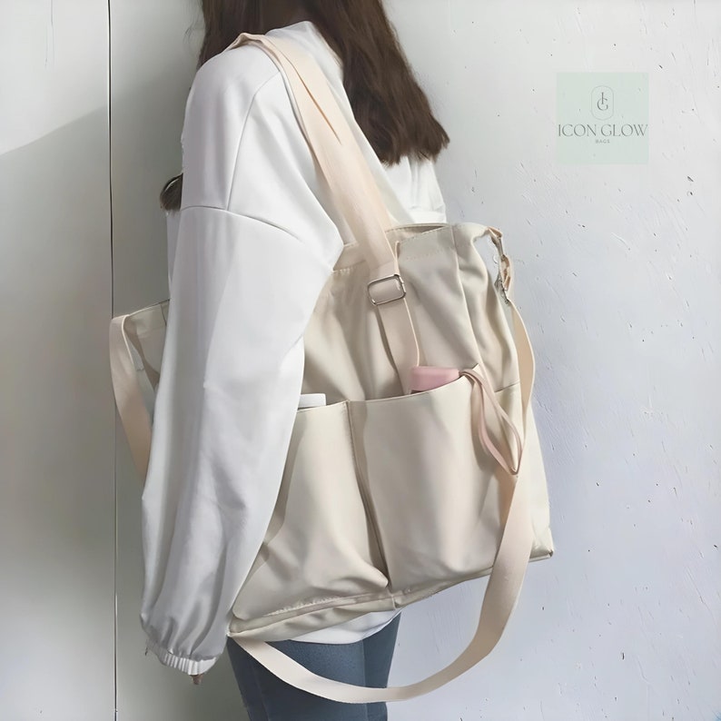 Sac uni basique en toile avec grandes poches Sac fourre-tout de tous les jours Sac de voyage à bandoulière lavable avec grande poche pour femme Sac quotidien respectueux de l'environnement image 1