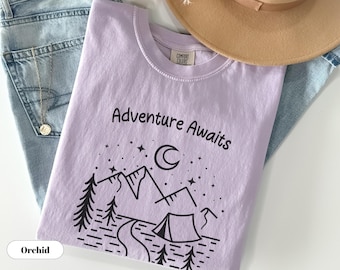 Adventure Awaits T, Camping  shirt, women cute camper T-shirt, Outdoor lover gift, Camper gift, RV T, Camping family gift, travel shirt