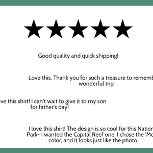 May include: White background with five black star icons. Text includes customer feedback: "Good quality and quick shipping!" and "Love this. Thank you for such a treasure to remember a wonderful trip."