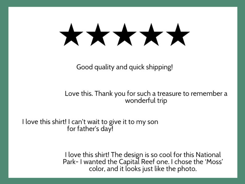 May include: White background with five black star icons. Text includes customer feedback: "Good quality and quick shipping!" and "Love this. Thank you for such a treasure to remember a wonderful trip."