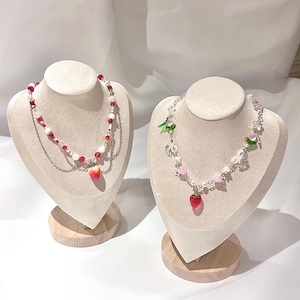 Cute Handmade Beaded Charm Necklace Strawberry, Heart, Pearls, Butterfly Y2K, Pastel Aesthetic Jewelry kawaii Cottagecore Gift for Her
