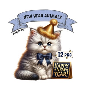 Paquete de imágenes prediseñadas de animales de Año Nuevo, 12 adorables animales azules y dorados con temática de Año Nuevo, imágenes PNG con fondo transparente, uso comercial.