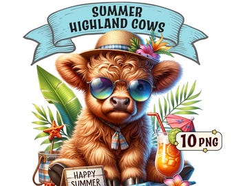 Summer Highland Cows Clipart Bundle – 10 summer and beach-themed baby Highland cows, transparent PNGs, commercial use, sublimation designs