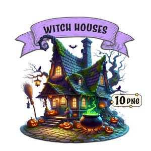 Witch Houses Clipart Bundle – 10 whimsical witch house illustrations, transparent PNGs, commercial use, Halloween sublimation designs