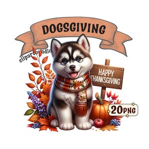 Pacchetto Clipart Dogsgiving: 20 immagini PNG di bellissimi cani a tema Ringraziamento con sfondo trasparente, uso commerciale incluso.