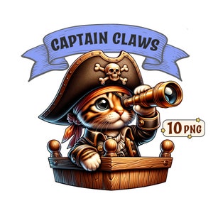 キャプテン クローズのクリップアート バンドル、透明な背景の 10 個のキュートでクールな海賊猫の PNG 画像、商用利用も可能。