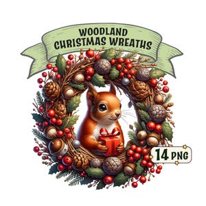 Paquete de imágenes prediseñadas de coronas navideñas de bosque, 14 lindos animales del bosque en coronas navideñas, imágenes PNG, fondo transparente, uso comercial
