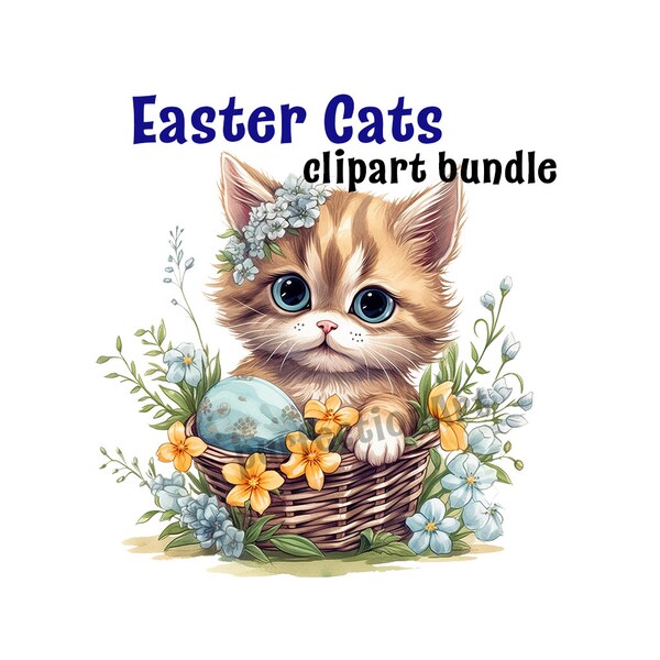 Easter Cats in a basket Clipart, Cute easter cats with easter eggs, Easter joy, Easter graphics, transparent background, commercial use